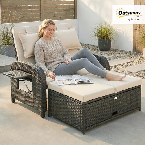 Outsunny Patio Rattan Daybed, Wicker Outdoor Daybed with Storage Ottoman, Loveseat Sofa with Adjustable Backrest, Side Tables, Cushions, Headrests, Double Sunbed Lounger for Balcony, Beige