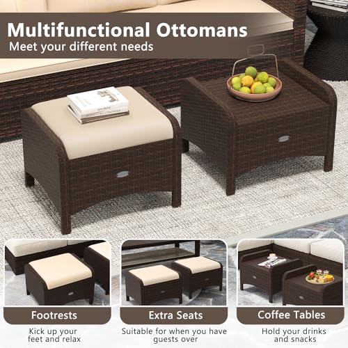 RELAX4LIFE Wicker Outdoor Ottomans for Patio - Set of 2 Rattan Footstools w/Removable Cushions, Multipurpose Outside Foot Rest, Side Table & Additional Seating for Porch Garden Backyard (Beige)