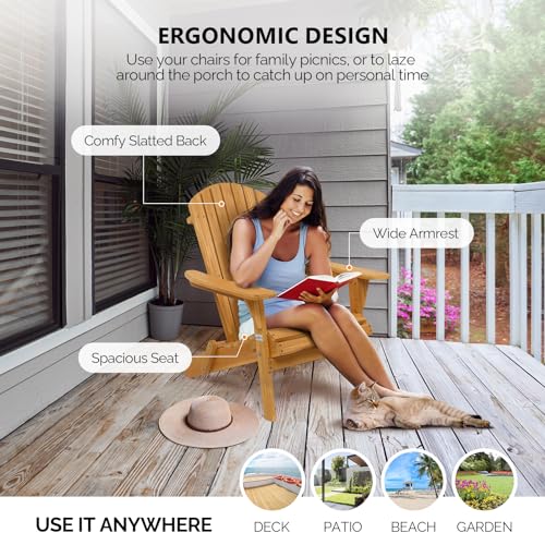 VINGLI Folding Adirondack Chairs Wood Lawn Chair Wooden Lounger 350 LBs Support Fire Pit Seating Natural Finished Weather Resistant Indoor Outdoor Furniture