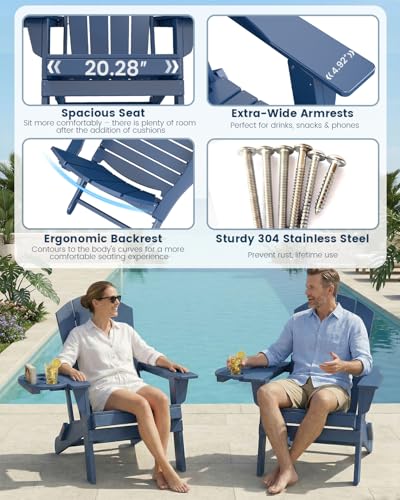 FOOWIN Folding Adirondack Chair Set of 4, HDPE Adirondack Chairs with Cup Holder, Weather Resistant Plastic Fire Pit Chairs for Outdoor, Patio, Lawn, Garden, Backyard, Deck, Dark Blue