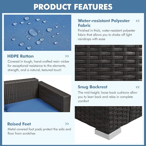 Yaheetech 3-Seat Patio Wicker Sofa, Outdoor Rattan Couch with Furniture Cover, Deep Seat High Back with Cushions & Throw Pillows for Deck/Porch/Balcony/Yard, Brown/Dark Blue