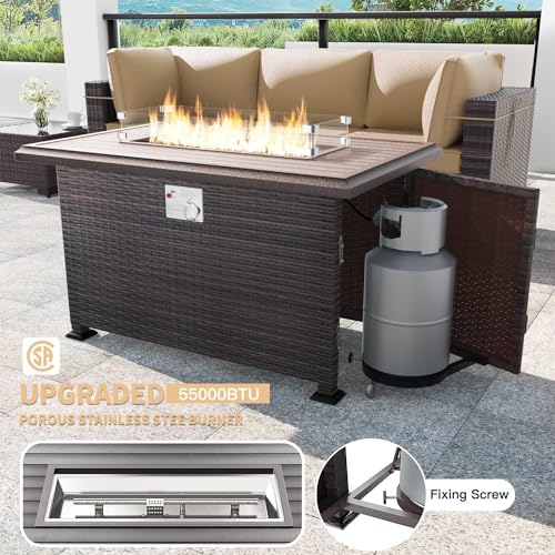 Kullavik 8 Pieces Outdoor Patio Furniture Set,Sectional Sofa Set with 43" 55000 BTU Gas Propane Fire Pit Table,Brown PE Rattan Wicker Patio Conversation Set,Sand