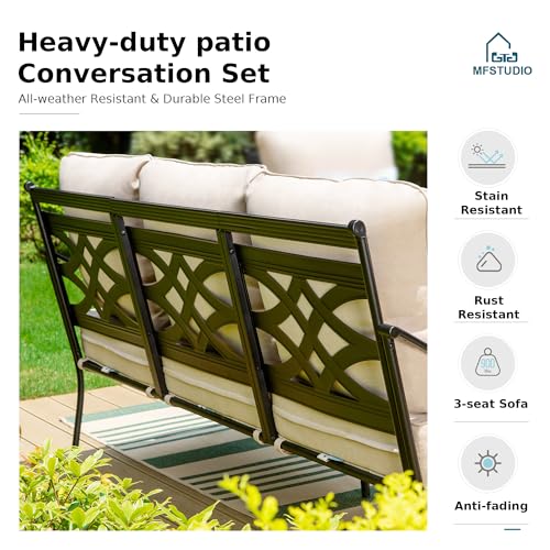 MFSTUDIO 5 Seats Large Metal Patio Conversation Sets, 4 Pieces Outdoor Patio Furniture Sofa with 2 Motion Chairs, 1 3-seat Sofa and Table for Outside Balcony Backyard Poolside