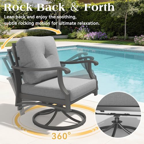 Mvpipi 7 Piece Aluminum Patio Conversation Set, Outdoor Metal Furniture Set w/Rocking Swivel Chairs, 3-Seat Sofa, Ottomans and Coffee Side Table, 5" Thickened Cushions for Backyard, Poolside, Gray