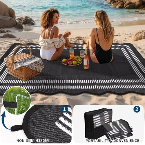 Garvee Waterproof Outdoor Rug 9x12, Scalloped Geometric Foldable Plastic Straw Patio Camping Rug, Outdoor RV Carpet for Deck Camper Porch Balcony Backyard Picnic Beach Black and White