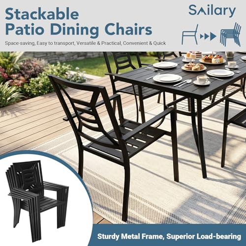 SAILARY 7 Pieces Patio Dining Set for 6, Large 60" Outdoor Metal Table with Universa Umbrella Hole & Stackable Iron Chairs, Patio Furniture Set for Deck, Backyard, Yard, Porch