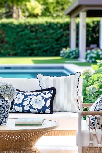 Hofdeco Premium Coastal Patio Indoor Outdoor Scalloped Throw Pillow Cover Only, 20"x20" Water Repellent for Backyard, Couch, Baby Blue Print Stripes