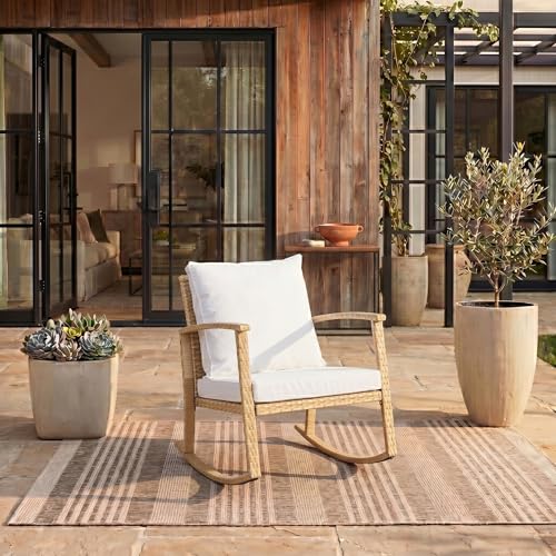 SAFAVIEH Outdoor - Daire Rocking Chair - Natural & White - Steel Frame Faux & Rattan with Cushion - Open-Frame Design - Ideal for Patio, Deck, Porch, Backyard, 14.4" Seat Height (PAT7721D)