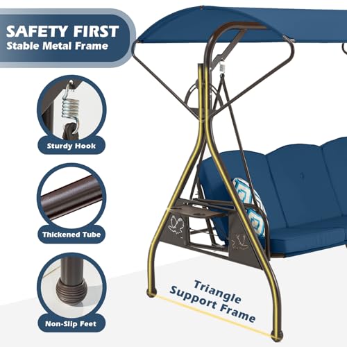 ZZW 800LBS Patio Swing with Canopy 3 Seat Outdoor Porch Swing with Stand w/Cup Holder & Pillow Glider Chair Swing Bed for Patio Backyard Poolside (Blue)