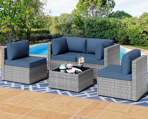 Shintenchi 5 Pieces Outdoor Patio Furniture Sets, Patio Sectional Sofa Couch, Gray PE Wicker Furniture Modular Patio Conversation Sets Patio Sofa with Washable Cushions & Table（Aegean Blue）