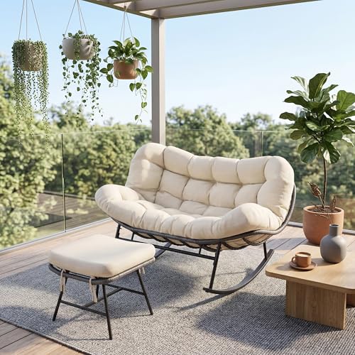 Outdoor Double Rocking Chair with Ottoman, 700 LBS Heavy-Duty Wicker Loveseat Rocker, 30° Anti-Slip Rocking Design, Beige Cushioned Patio Rocking Egg Chair Set for Porch, Backyard, Living Room