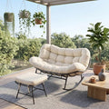 Outdoor Double Rocking Chair with Ottoman, 700 LBS Heavy-Duty Wicker Loveseat Rocker, 30° Anti-Slip Rocking Design, Beige Cushioned Patio Rocking Egg Chair Set for Porch, Backyard, Living Room
