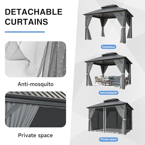 AirWire 10'x12' Gazebo Hardtop Gazebo, Aluminum Frame Pergola with Double Galvanized Steel Roof, Permanent Outdoor Metal Canopy with Curtain & Netting for Patio, Backyard, Deck, Dark Grey