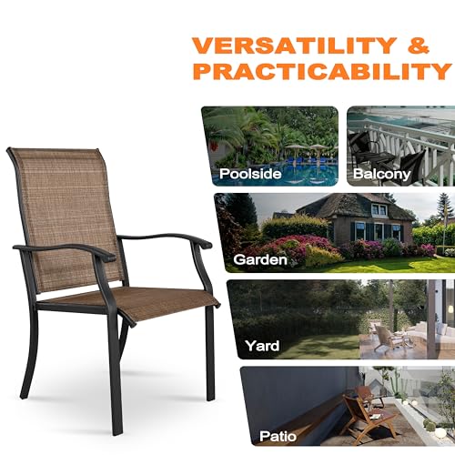 NUU GARDEN 4 Piece Outdoor Patio Dining Chairs, Textilene Dining Chairs with High Back, Patio Furniture Chairs with Armrest, Iron Frame for Lawn Garden Backyard Deck, Black and Brown
