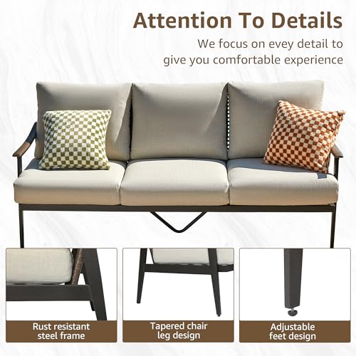 NATURAL EXPRESSIONS 6 Pieces Patio Furniture Set, Outdoor Furniture Sofa Sectional Modern Metal Patio Conversation Set with High Back Wicker Backrest & Loveseat for Balcony, Backyard, Deck, Porch