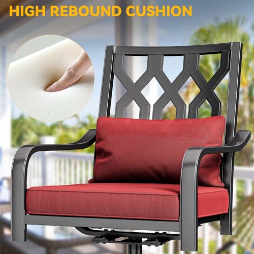 DWVO Swivel Patio Chairs Set of 2, Heavy-Duty Outdoor Swivel Chairs with 352lbs Capacity, All-Weather Metal Frame & Red Plush Cushions with Lumbar Pillow for Patio Deck Poolside Balcony Backyard