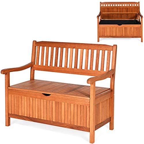 Tangkula Outdoor Wood Storage Bench Deck Box, Entryway Porch Storage Bench with Inner Removable Dust-Proof Lining & Portable Handles, Eucalyptus Wood Loveseat for Garden, Lawn, Balcony & Yard