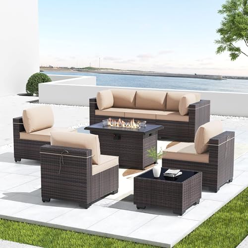 Kullavik 8 Pieces Outdoor Patio Furniture Set,Sectional Sofa Set with 43" 55000 BTU Gas Propane Fire Pit Table,Brown PE Rattan Wicker Patio Conversation Set,Sand