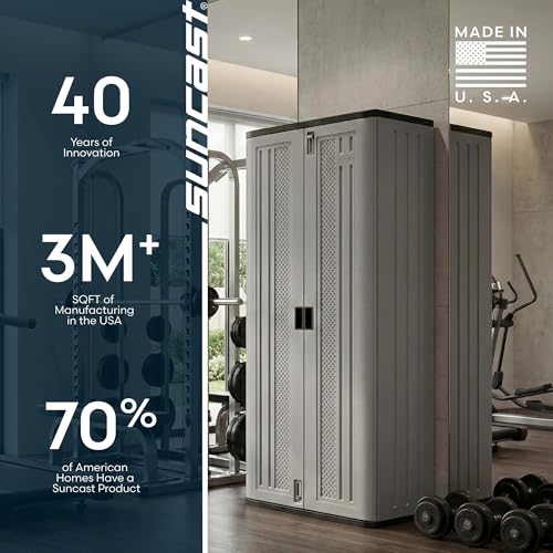 Suncast Tall Storage Cabinet for Garage Organization - 72" Freestanding Utility Closet with Shelving for Garden Supplies, Paint Cans & Outdoor Tools, Multi-Wall Resin Construction, Platinum