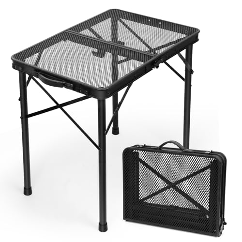 2Ft Small Folding Table with Carry Handle, Camping Table Adjustable Height 10.6–22 in, Black Metal Mesh, Portable & Compact for Outdoor/Indoor,Grill Table, 23.6×15.8 in, 4 lb, 66 lb Capacity