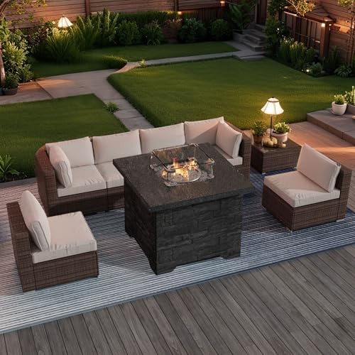 4-Piece Propane Fire Pit Table Set w Glass Wind Guard & Fire Glass Beads & Rain Cover, 35-Inch Square Outdoor Gas Fire Table 50,000 BTU for Patio, Black Terrazzo with Slate-Stone Look