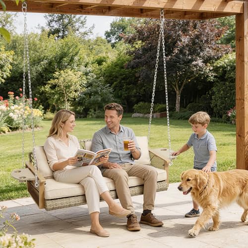 Yalissey 3-Seat Hanging Porch Swing with Cup Holders, Wicker Porch Swing with Cushions, Heavy Duty Front Porch Swing with Chains, Outdoor Patio Hanging Swing Bench for Porch, Patio, Backyard, Beige