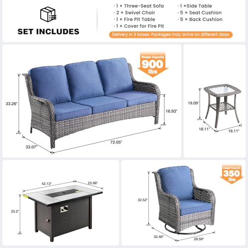 ovios 5-Piece Patio Furniture Set with Swivel Chairs Side Table, Outdoor Wicker Sofa with 42" Fire Pit Table, High Back Couch Modern Conversation Sets, Grey/Denim Blue