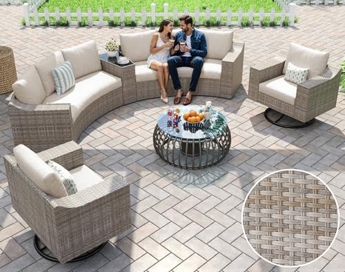 LUXOAK 9-Piece Wicker Patio Furniture Set with Swivel Rocking Chairs, Curved Sectional Sofa with Storage Table, All-Weather Outdoor Conversation Set with 6" Armrests, for Backyard/Garden/Deck