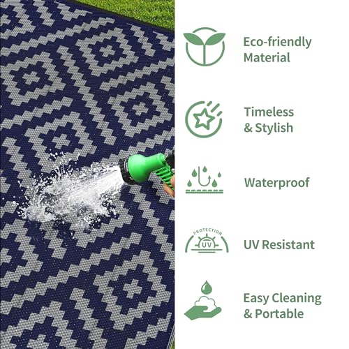 GENIMO Outdoor Rug for Patio Clearance, 6'x9' Waterproof Camping Mat, Reversible Plastic Straw Rugs for RV, Camper, Balcony, Backyard, Picnic, Deck (Blue & Grey)