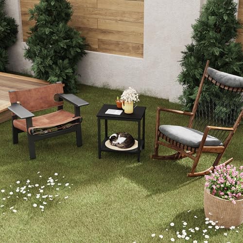 KAAPSAM Outdoor Side Table with Storage, 2-Tier Patio End Tables Weather Resistant, Black Outdoor Accent Table,Small Side Table for Pool, Deck, Garden