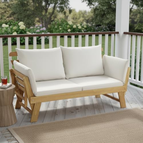 Tangkula Convertible Acacia Wood Patio Couch Sofa Bed with Adjustable Armrest, Outdoor Daybed with Cushion & Pillows, Outside Folding Futon Sofa Couch Bench for Porch, Courtyard, Poolside & Garden