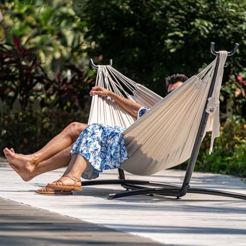 Lazy Daze Portable Hammock with Stand, Free Standing Hammocks for Indoor Outdoor Patio Yard, Has a Carrying Bag and Pillow, 9ft Steel Hamacas Heavy Duty 2 Person Amaca 450 lbs Capacity(White)
