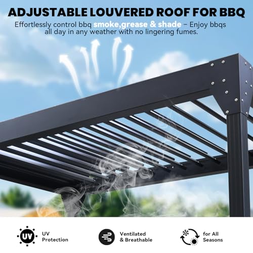 UPHYB 8x5 Louvered Pergola, Aluminum BBQ Pergola, Hardtop Gazebo for Outdoor Grill, Adjustable Rainproof Roof, Pergolas for Patio, Black