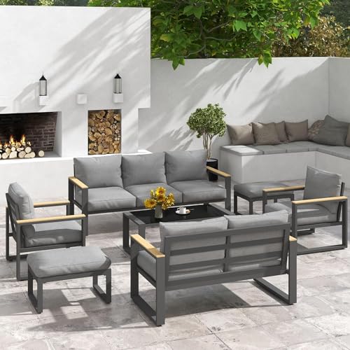RoyalCraft 2 Pieces Aluminum Outdoor Patio Ottoman Set, Outdoor Foot Stools with Thick Cushion, Small Seat Furniture for Porch Balcony Backyard, Grey