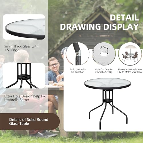 Vongrasig 6 Pieces Folding Patio Dining Set, All Weather Small Metal Outdoor Table and Chairs Set, Patio Furniture Set w/Umbrella, Glass Table & 4 Folding Chairs for Garden, Lawn, Backyard, Brown
