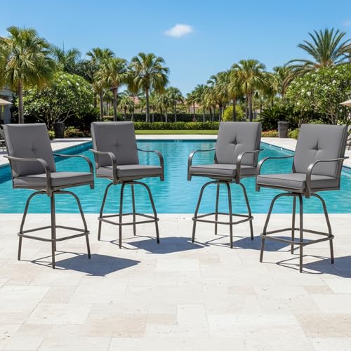 STRPRETTY BASIC Outdoor Swivel Bar Stools Set of 4, Patio Bar Height Swivel Stools with Cushions for Garden Balcony Backyard, Grey