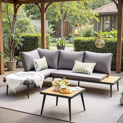 Devoko Patio Furniture Set,6 Pieces Outdoor Sectional Sofa with Cup Holder and 7.87in Wider Armrest, PE Wicker Backyard Couch Set with Coffee Table&Glass Tabletop for Deck, Porch