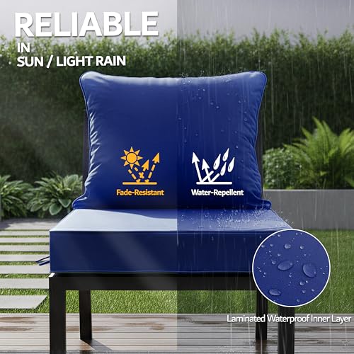 24x24 Inch Outdoor Chair Cushions Set of 2, Patio Furniture Cushions - Removable Cover, Water-Repellent, Fade-Resistant, Non-Slip Bottom & Straps, Replacement for Deep Seat Sofa & Couch - Navy
