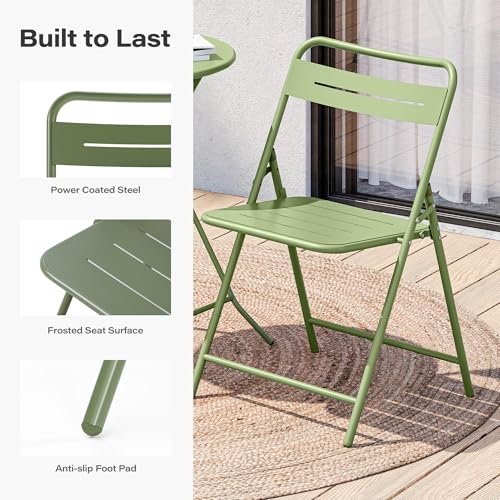 LAUSAINT HOME 3-Piece Steel Folding Bistro Set, Premium Weather-Resistant Patio Table & 2 Chairs for Balcony, Garden, Yard, Poolside & Indoor (Round, Green)