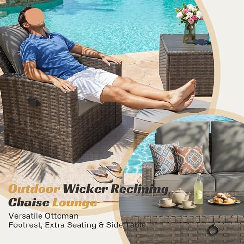 Outdoor Patio Furniture Set 6 Piece Wicker Rattan Sectional Sofa Conversation Sets with Adjustable Recliner Chairs and Storage Coffee Table for Backyard Porch Balcony Garden Deck(White)