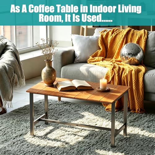 Outdoor Coffee Table, 33.4"L x 17.3"W x 18.1"H Rectangle Weather-Resistant Patio Coffee Table, Metal Heavy-Duty Frame Coffee Side Table, Waterproof for Garden, Porch, Balcony, Deck, Poolside, Brown