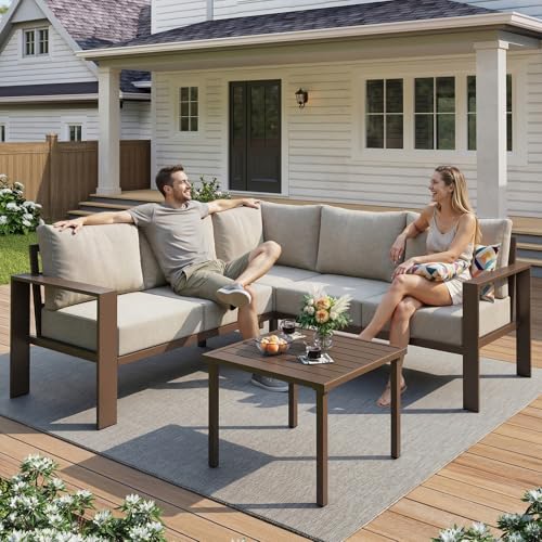 UDPATIO 6 Piece Patio Furniture Set, Metal Outdoor Sectional Sofa with 6" Thick Olefin Cushions, Wide Armrest & Coffee Table, L Shaped Outdoor Furniture for Garden, Backyard Beige