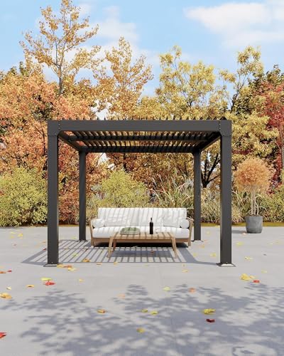 10x10 FT Louvered Pergola, Outdoor Aluminum Pergola with Adjustable Roof & Integrated Drainage System, Heavy Duty Hardtop Gazebo for Patio, Deck, Garden & Backyard