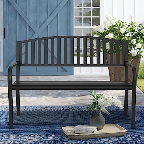 Maemttes Outdoor Bench Garden Bench, Weatherproof Anti-Rust Heavy-Duty Outside Benches Clearance, Wrought Iron Metal Bench for Front Porch, Patio, Park