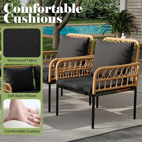 TrailBlaze 4 Piece Patio Conversation Set with Loveseat, Boho Wicker Outdoor Furniture with Glass Side Table & Detachable Cushions, All-Weather Balcony Set for Backyard Porch - Black