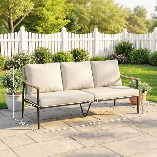 Outsunny Outdoor Patio Couch, 3 Seater Outdoor Sofa with Wood-Effect Armrests and Wicker Backrest, Outdoor Patio Furniture Couch with Cushions, Steel Frame for Porch, Garden, Backyard, Khaki