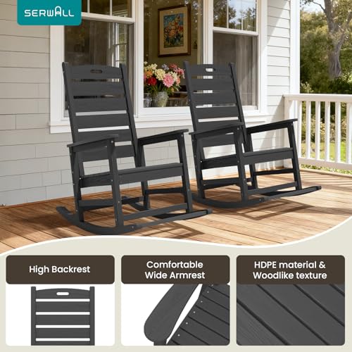SERWALL Outdoor Rocking Chair Set of 2, Oversized Rocking Chair with Footboard for Adults, HDPE All Weather Resistant Rocking Chairs for Patio, 350lbs Weight Capacity, Gray