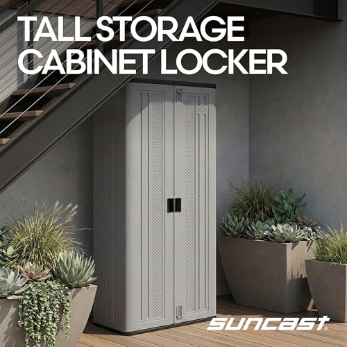 Suncast Tall Storage Cabinet for Garage Organization - 72" Freestanding Utility Closet with Shelving for Garden Supplies, Paint Cans & Outdoor Tools, Multi-Wall Resin Construction, Platinum