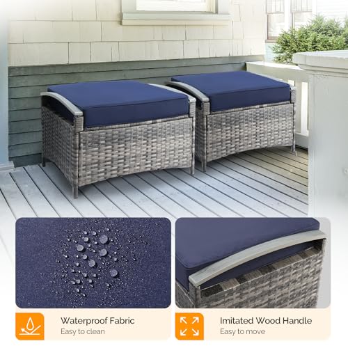 VINGLI 2 Pieces Rattan Ottoman with Storage, Wicker Patio Furniture w/Removable Cushion, Multipurpose Footrest Stool for Outdoor (Classic Gray)