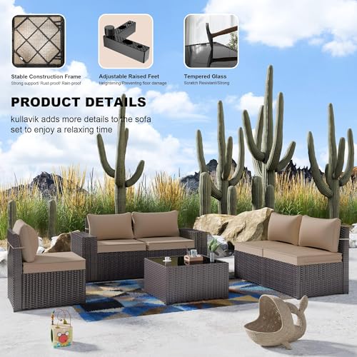 Kullavik 6PCS Outdoor Patio Furniture Set PE Wicker Rattan Sectional Sofa Patio Conversation Sets,Khaki